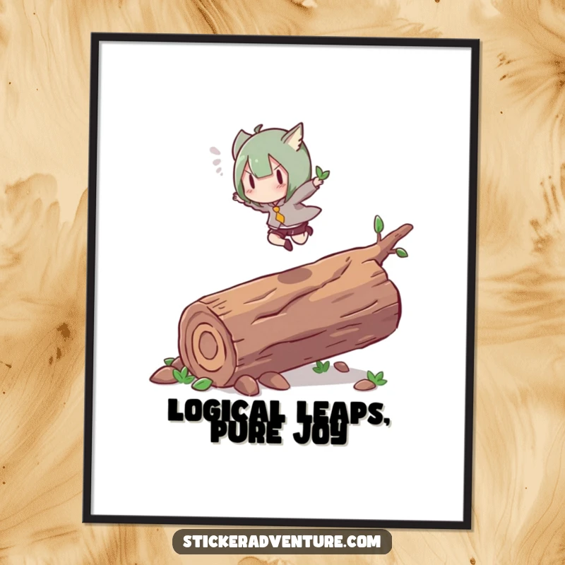 Funny Free Printable Wall Art: Character mid-leap over a fallen log with energetic grace, a dynamic and humorous DIY art piece.