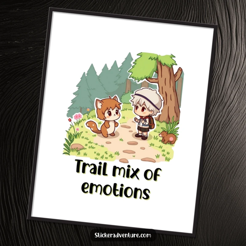 Funny Free Printable Wall Art: Character surprised by a friendly woodland creature emerging from the trees on a scenic nature trail.