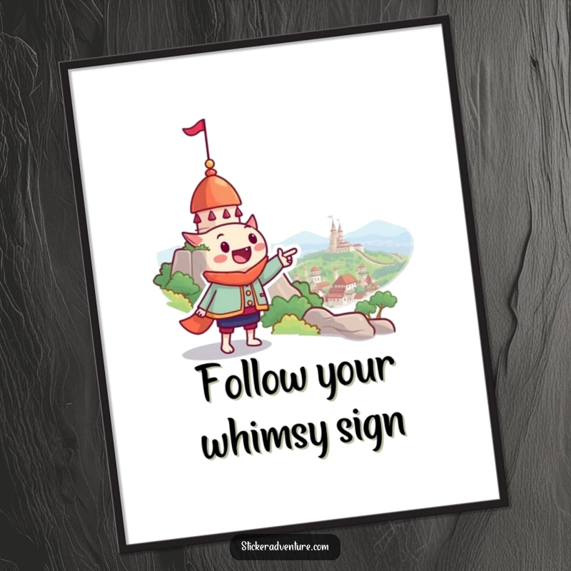 Funny Free Printable Wall Art: A grinning explorer humorously points towards a whimsical, distant landmark, inspiring wanderlust, downloadable decor.