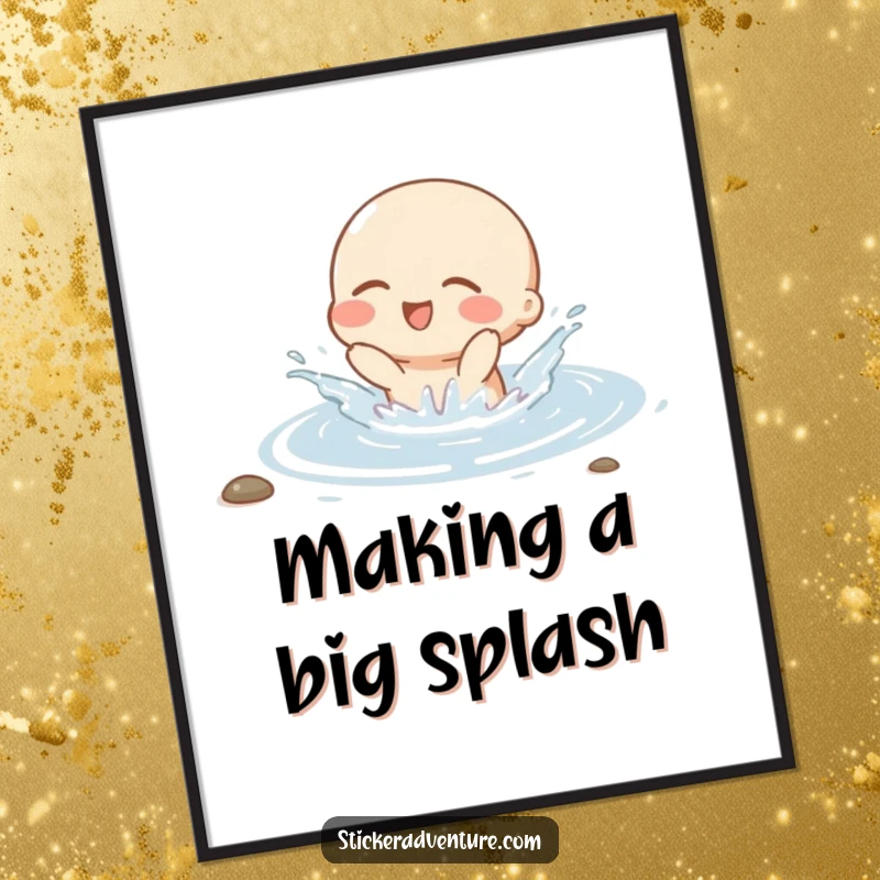 Funny Free Printable Wall Art: Small character gleefully splashing through a shallow stream with eyes closed, radiating pure, unadulterated happiness.