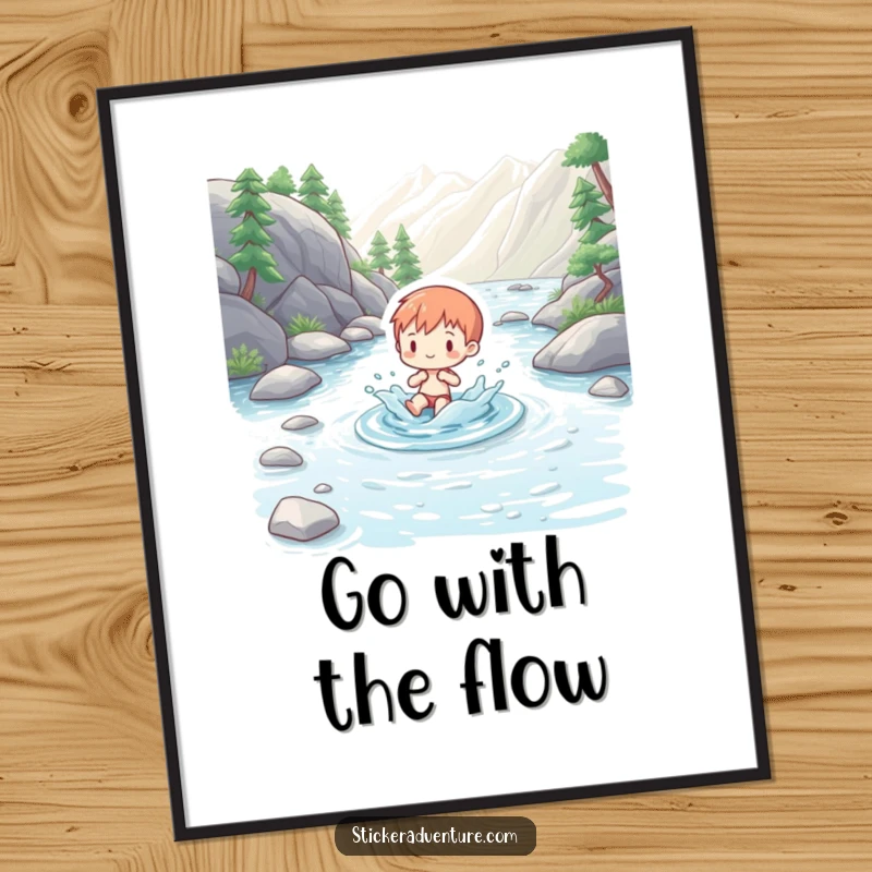 Funny Free Printable Wall Art: Charming figure splashing playfully in a clear mountain stream, bringing joy and freshness.