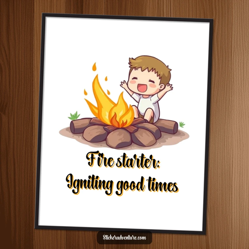 Funny Free Printable Wall Art: Person enthusiastically setting a small campfire ablaze, humorous camping downloadable art.