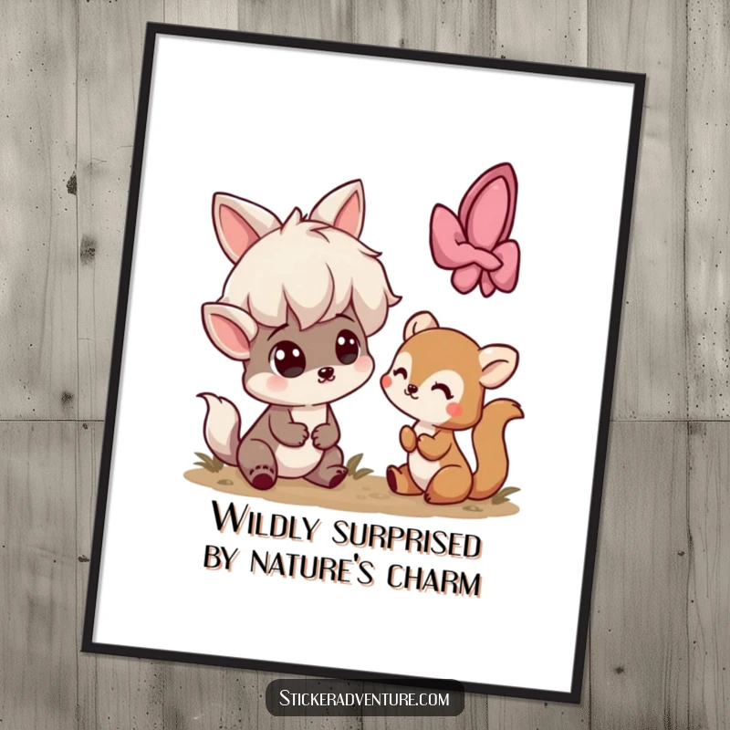 Funny Free Printable Wall Art: Playful character startled by a shy woodland creature peeking out, whimsical downloadable art.