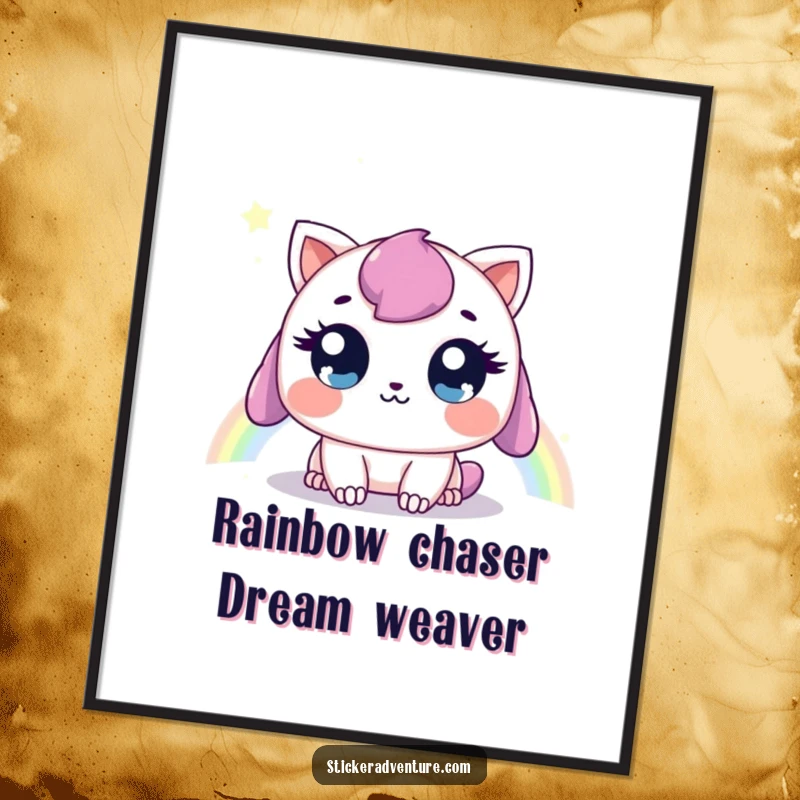 Funny Free Printable Wall Art: a sweet creature with wide eyes looking towards a distant, hopeful rainbow.