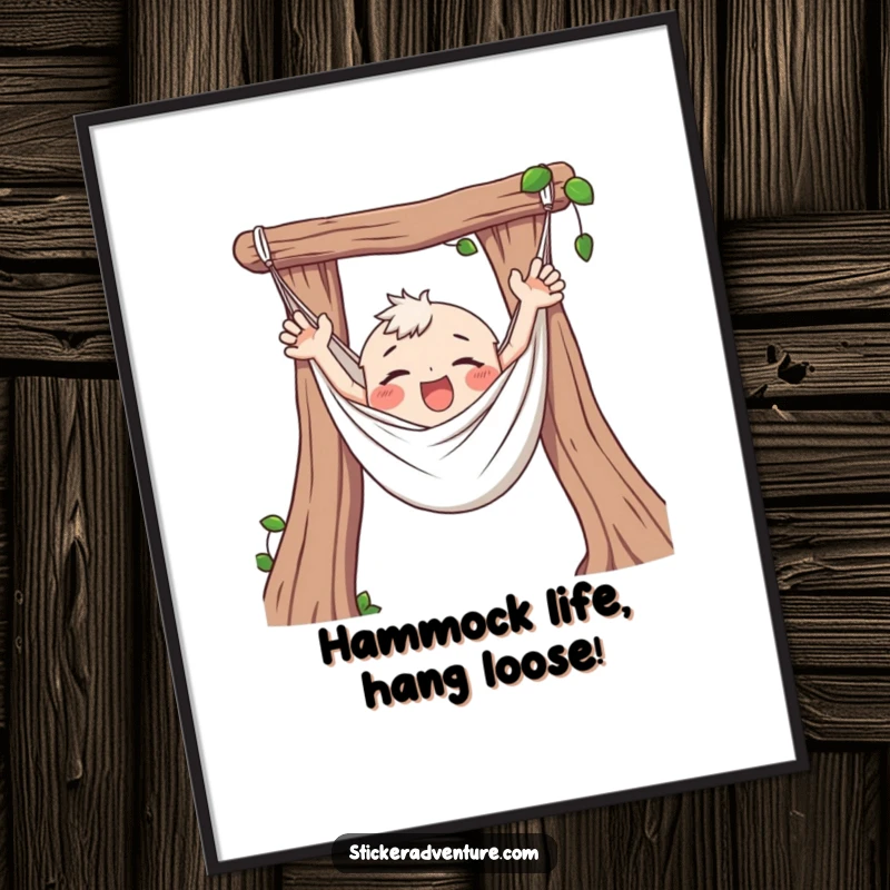 Funny free printable wall art: a character happily flailing their arms while completely tangled and suspended in a hammock.
