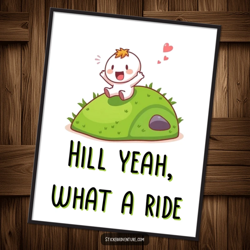Funny Free Printable Wall Art: A character joyfully sliding down a grassy hill with a loud, gleeful shout, capturing pure delight.