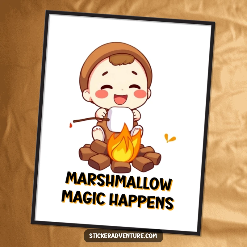 Funny Free Printable Wall Art: Character gleefully roasting a marshmallow over a bright campfire, conveying warmth, joy, and deliciousness.
