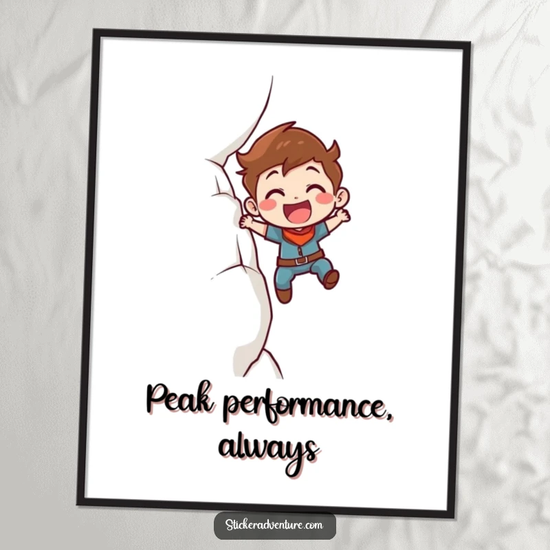 Funny Free Printable Wall Art depicting a character enthusiastically scaling a cliff face with a determined smile.