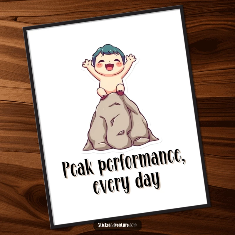 Funny Free Printable Wall Art: Cute character joyfully scaling a small rocky outcrop, beaming upwards triumphantly.