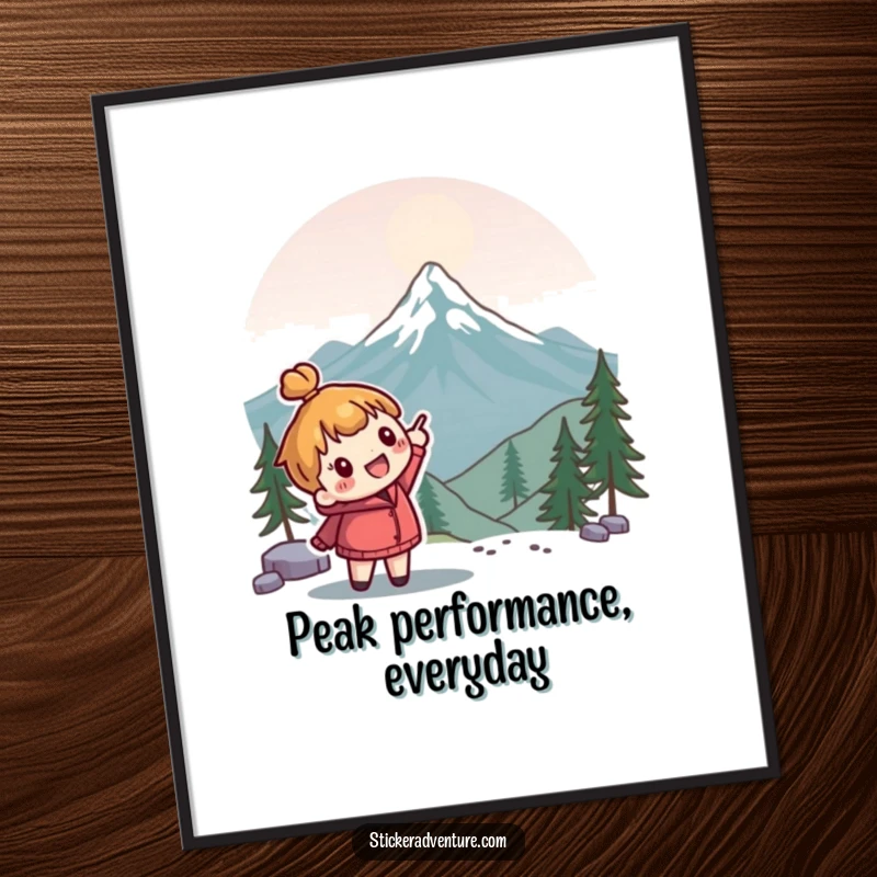Funny Free Printable Wall Art: Cute character enthusiastically pointing towards a distant mountain peak, for motivational decor.