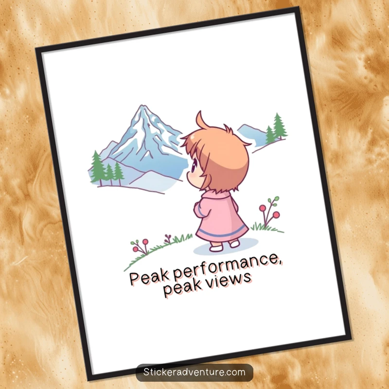 Funny Free Printable Wall Art featuring a character looking with wonder at a distant mountain peak, inspiring dreams and exploration.