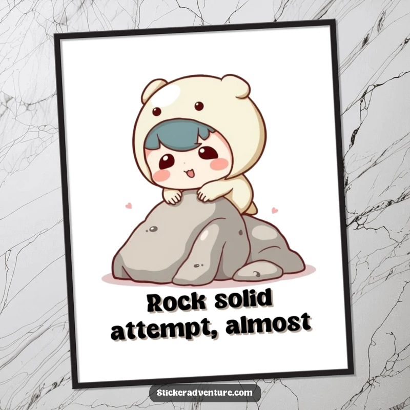 Funny Free Printable Wall Art of a kawaii character comically tripping while attempting to climb a small rock, full of charm.