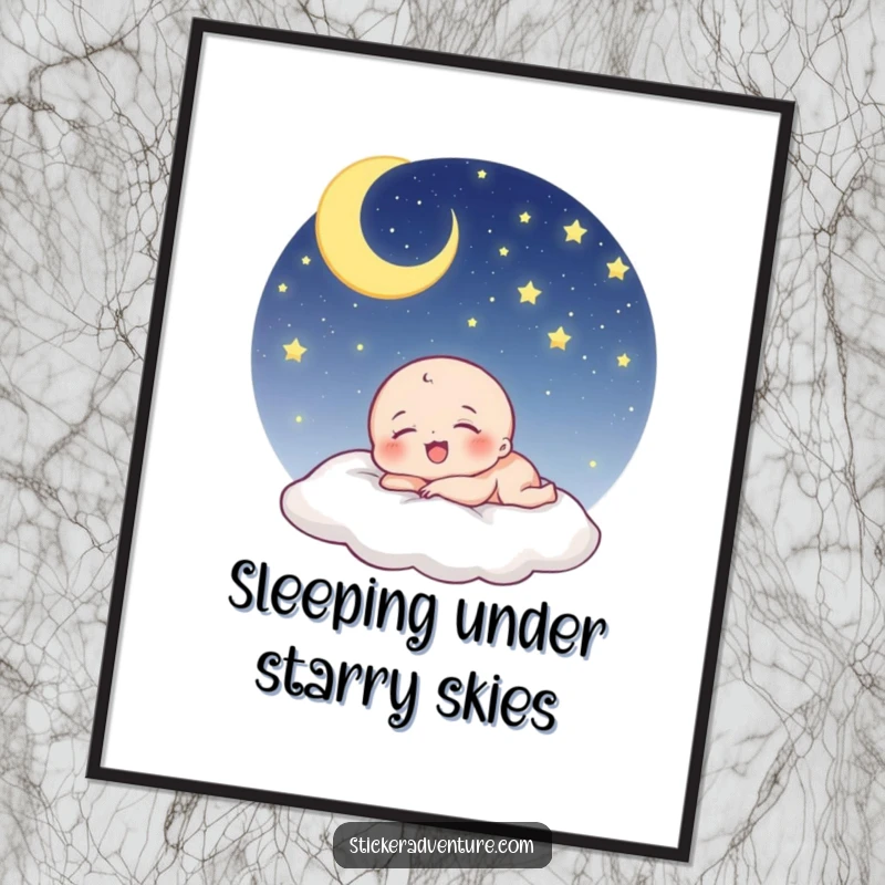 Funny Free Printable Wall Art: Tiny being peacefully sleeping under a vast, starry night sky, laughing softly in a blissful dream.