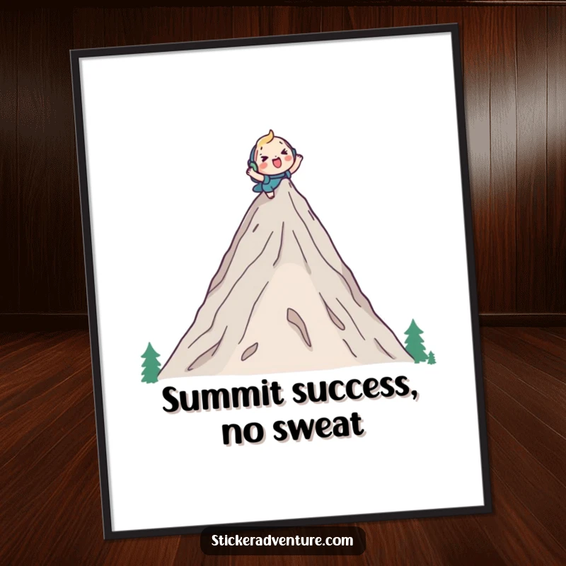 Funny Free Printable Wall Art: A cute character cheerfully hiking up a vast mountain peak with a backpack, inspiring downloadable.