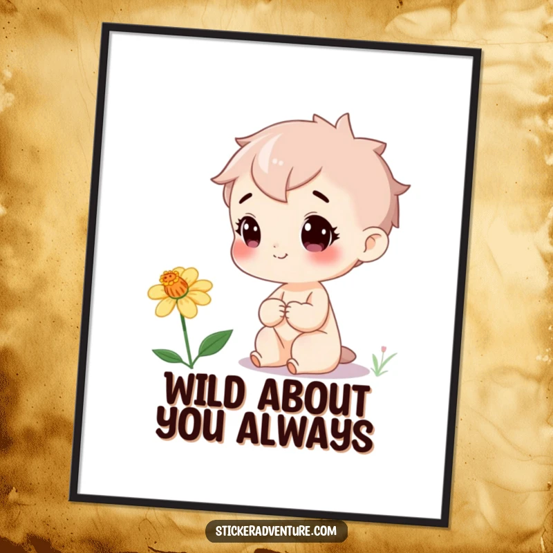 Funny Free Printable Wall Art: A curious, cheerful character is amazed by a rare wildflower, creating a whimsical and nature-inspired art piece.