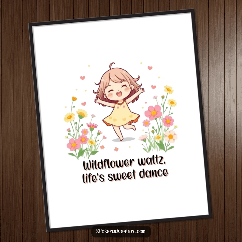 Funny Free Printable Wall Art depicting a cheerful character dancing joyfully amidst a field of vibrant blooming wildflowers.