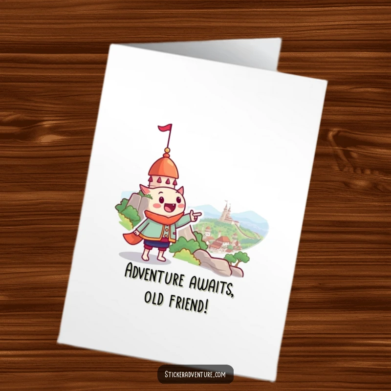 Funny Free Printable Birthday Card: Grinning explorer pointing to a magical, far-off land, ready for adventure, downloadable gift.