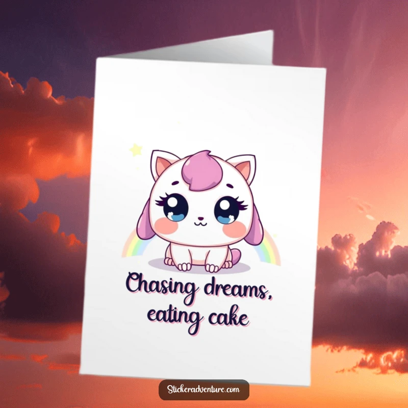Funny Free Printable Birthday Card featuring a sweet creature gazing with wide eyes at a distant, colorful rainbow.
