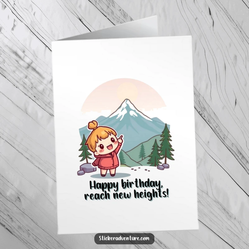 Funny Free Printable Birthday Card: Cute character enthusiastically pointing towards a distant mountain peak, wishing happy birthday.