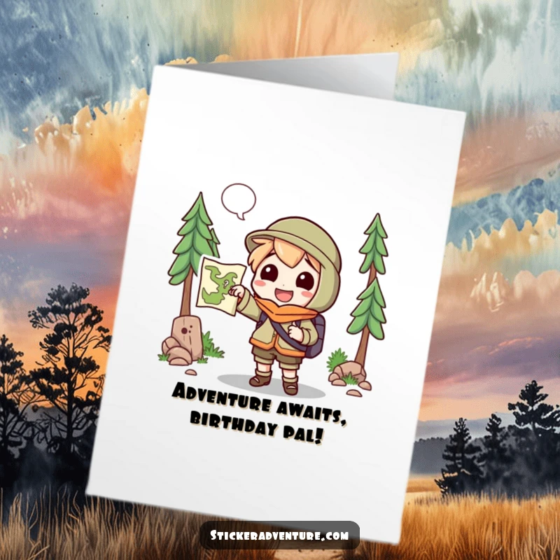 Funny free printable birthday card: A cheerful character holding a map, pointing towards an unknown trail, ready for adventure.
