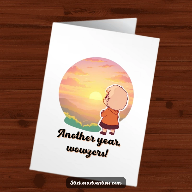 Free Printable Birthday Card: Character gazing at a breathtaking sunset with awe and wonder, a beautiful and inspiring DIY gift.