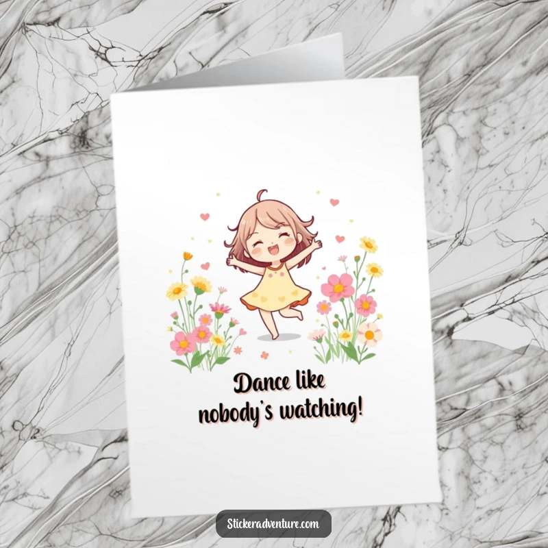 Funny Free Printable Birthday Card featuring a cheerful character dancing joyfully amidst colorful blooming wildflowers.