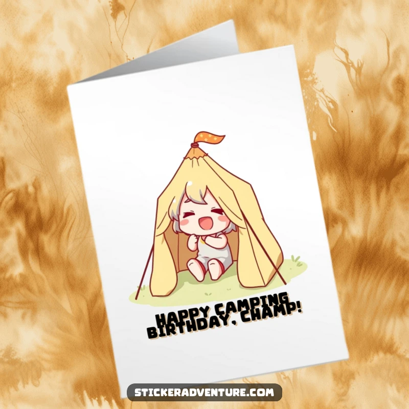 Funny Free Printable Birthday Card: Character joyfully and determinedly setting up a tiny tent in the wilderness.