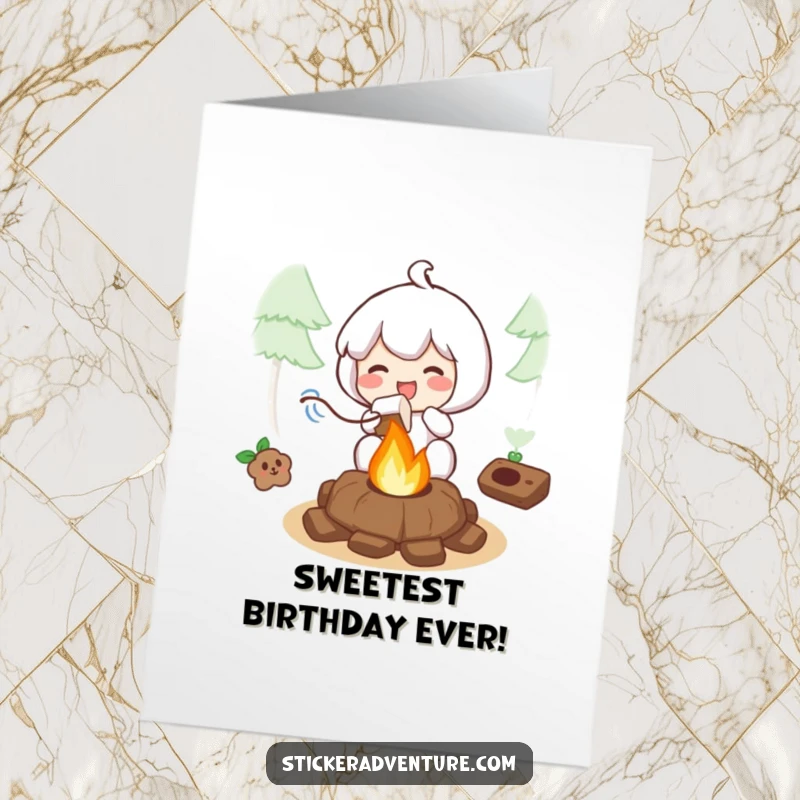 Free Printable Birthday Card: Character happily roasting a marshmallow over a small, cheerful campfire, feeling cozy.