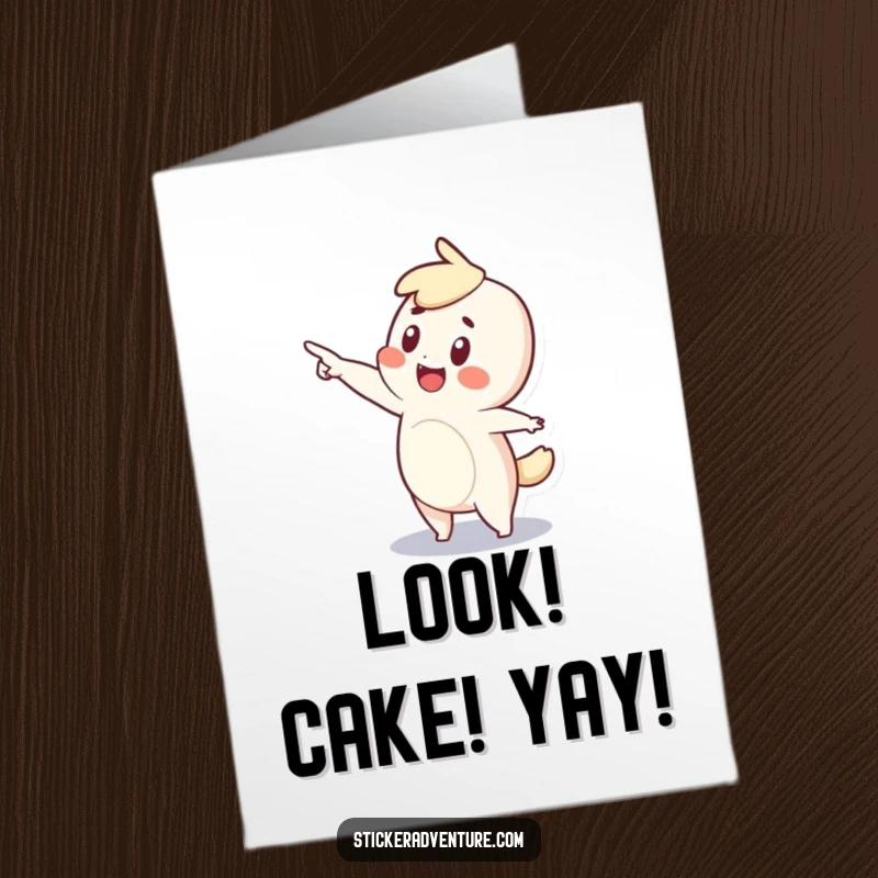 Funny Free Printable Birthday Card: Tiny character with huge wonder excitedly pointing forward, ready for adventure and laughs.