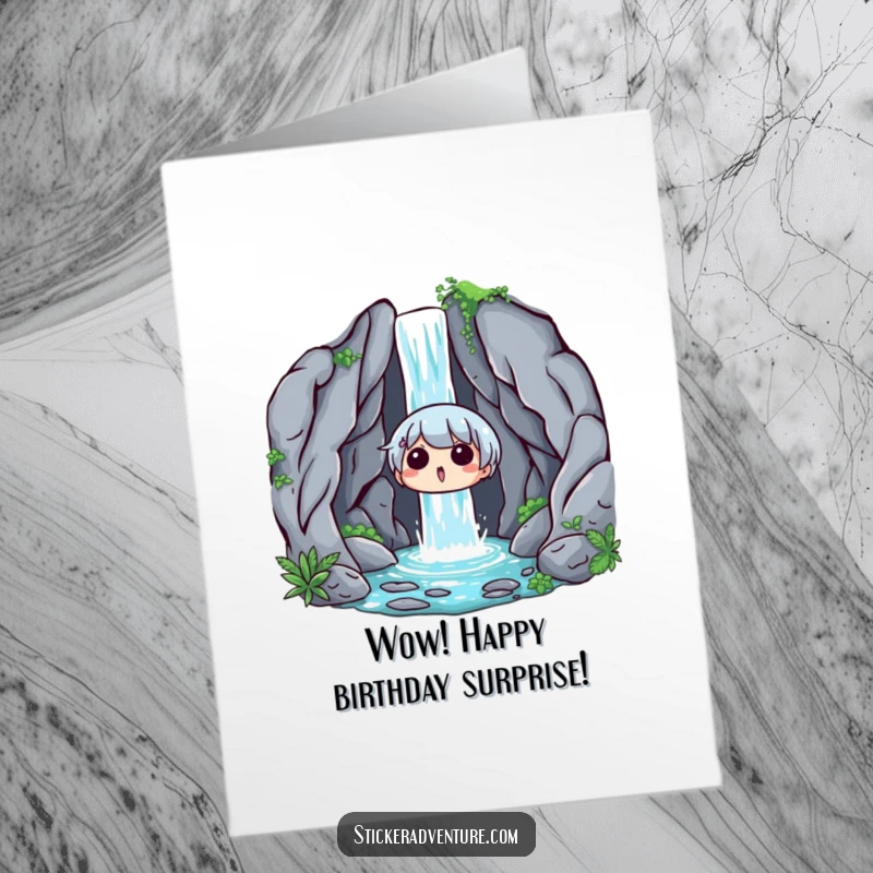 Funny Free Printable Birthday Card: Character looking surprised and delighted upon discovering a beautiful, hidden waterfall.