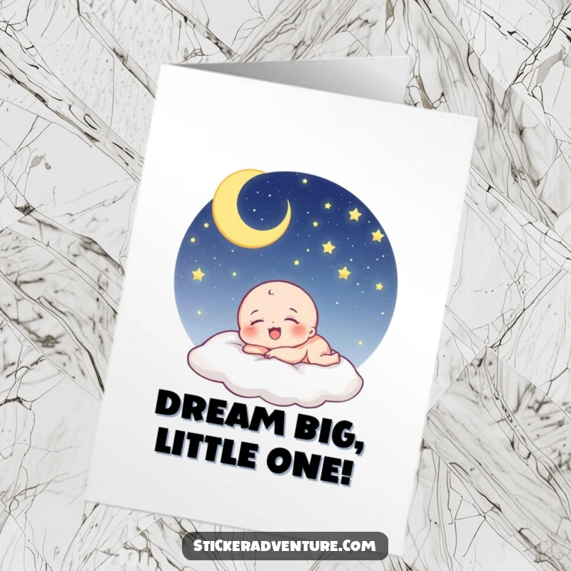 Funny Free Printable Birthday Card: Tiny being peacefully sleeping under a starry night sky, laughing softly in its dreams.
