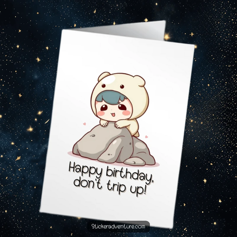 Funny Free Printable Birthday Card of a cute kawaii character comically tripping while attempting to climb a small rock.