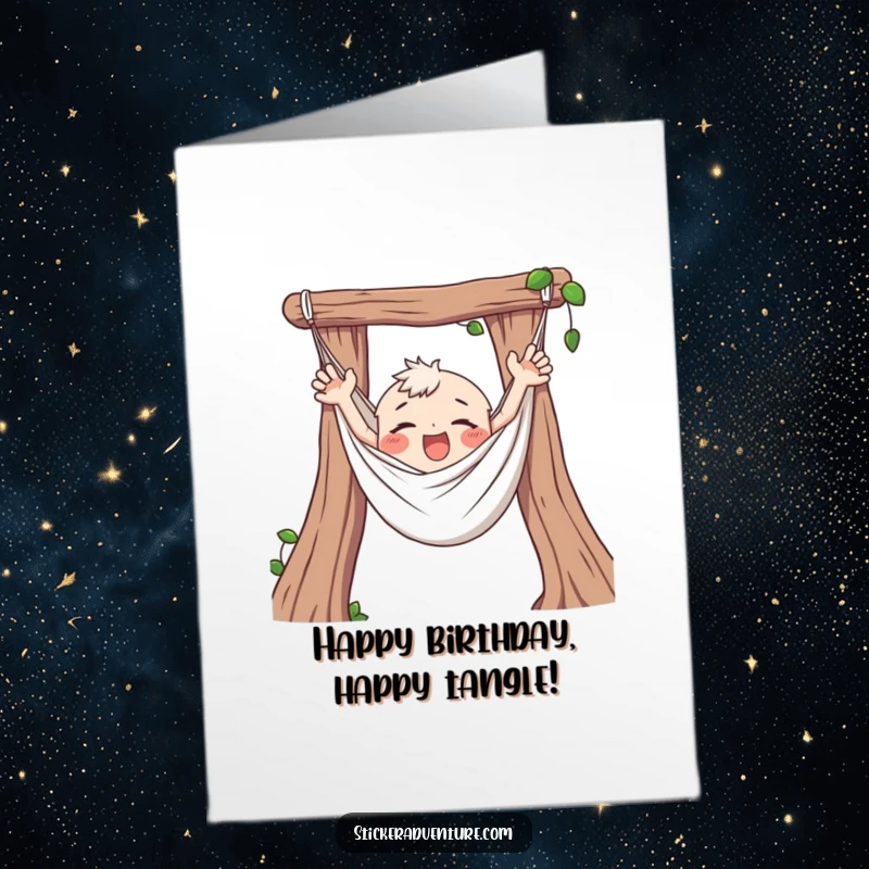 Funny free printable birthday card: a character happily flailing their arms while completely tangled in a hammock.