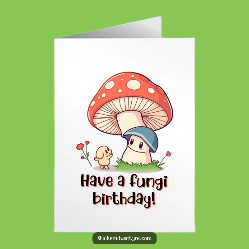 Free Printable Birthday Card: Whimsical Character Finds Giant Mushroom, Downloadable Fun!