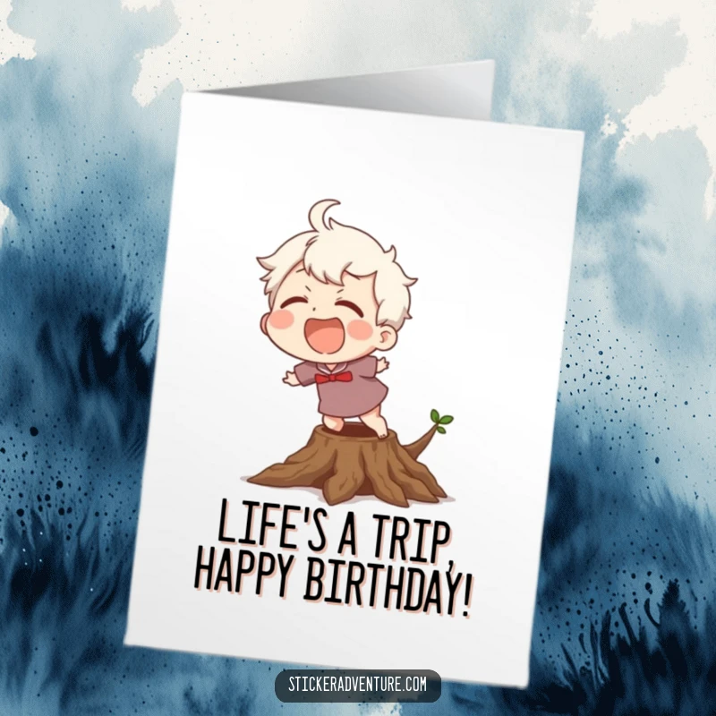 Funny Free Printable Birthday Card of a character laughing while stumbling over a visible tree root.