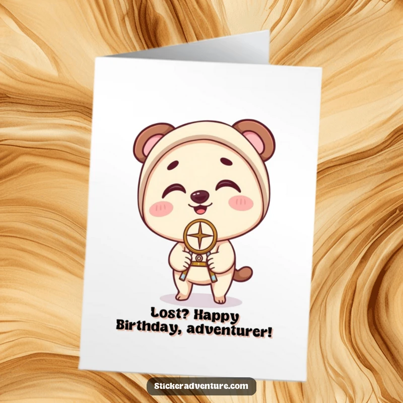 Funny Free Printable Birthday Card: A character comically balances a compass on their nose with clumsy delight, wishing a happy birthday.