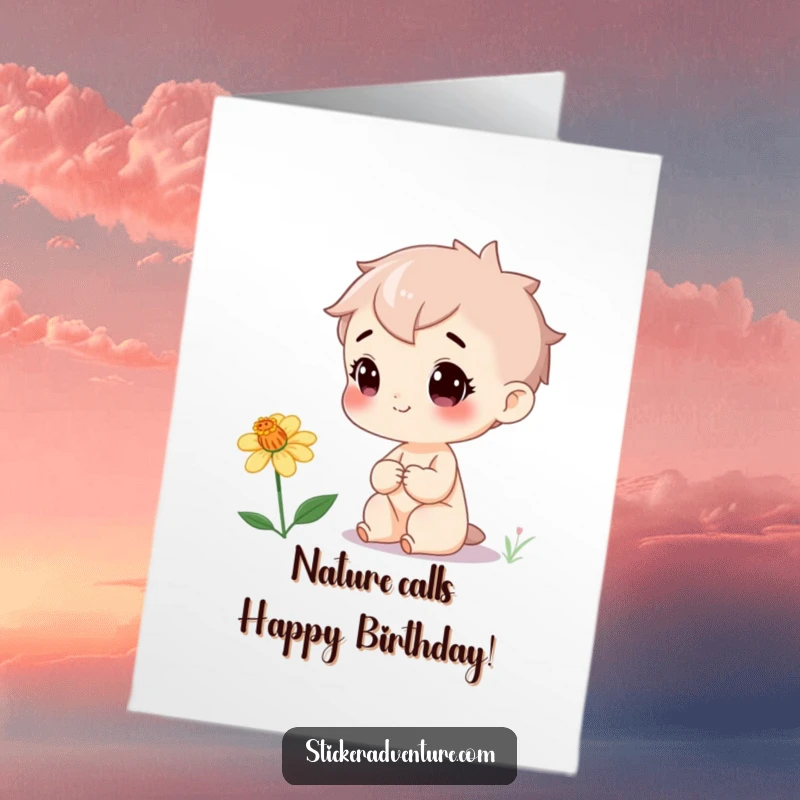 Funny Free Printable Birthday Card: Curious character with a cheerful smile spots a rare, vibrant wildflower, making it a unique celebration greeting.