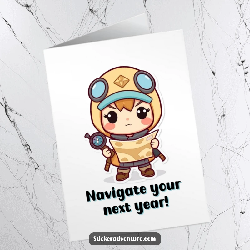 Funny Free Printable Birthday Card: Determined kawaii character holds a map and compass, ready for adventure.