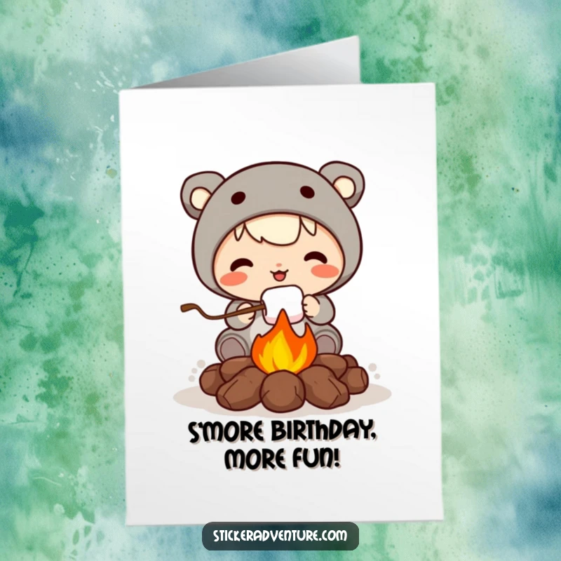 Funny Free Printable Birthday Card with a cute character happily roasting a marshmallow over a small campfire, embodying pure delight.