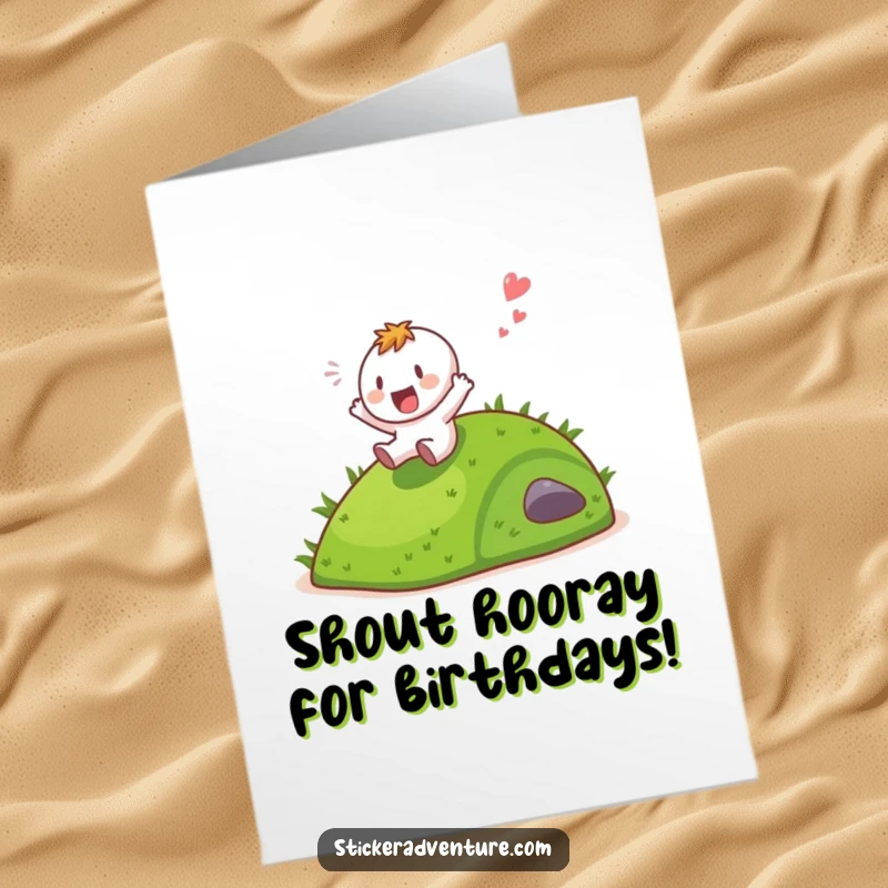 Funny Free Printable Birthday Card: A character gleefully sliding down a grassy hill with a joyous shout, celebrating any occasion.