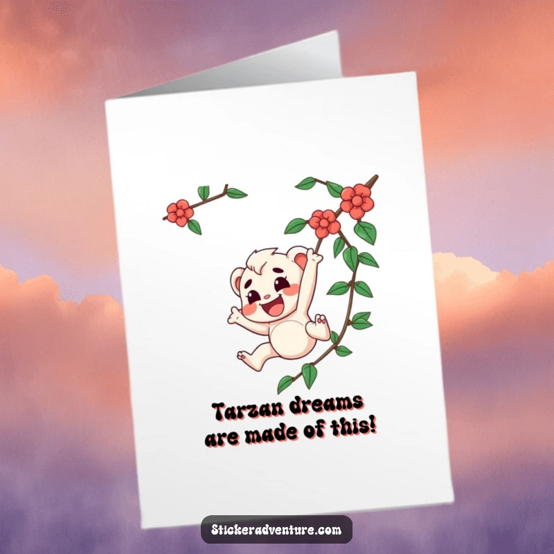 Funny Free Printable Birthday Card: Joyful character determinedly swinging from a vine, spreading birthday cheer with a laugh.