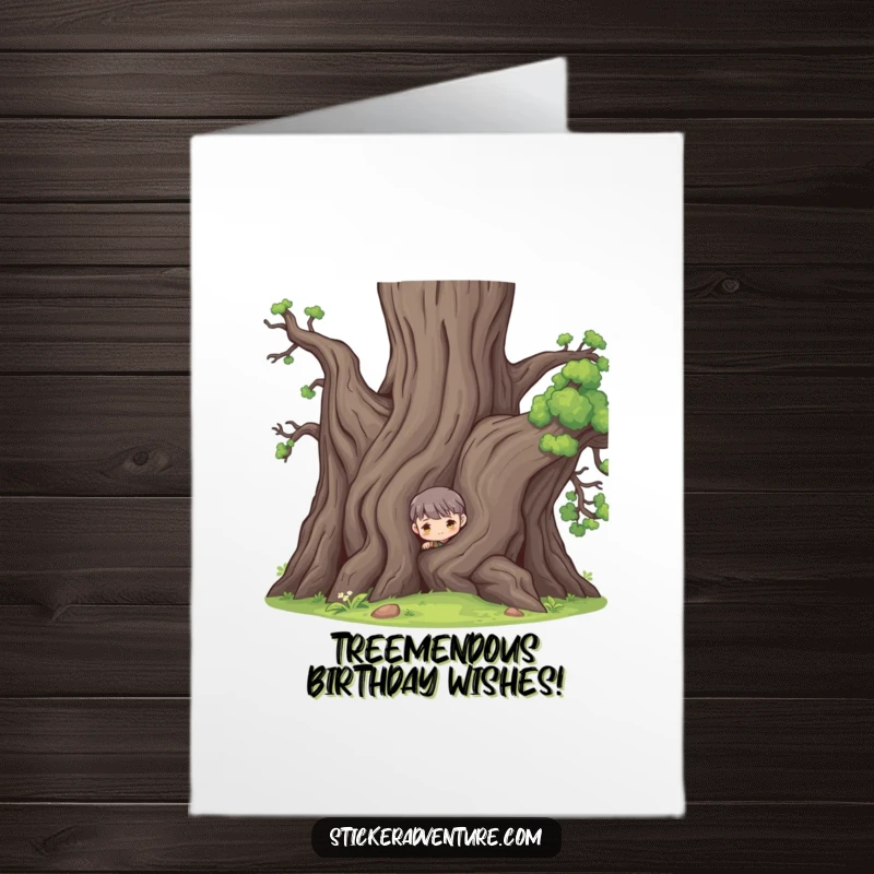 Funny Free Printable Birthday Card showing a character playfully peeking from behind a massive, ancient tree trunk with wide eyes.