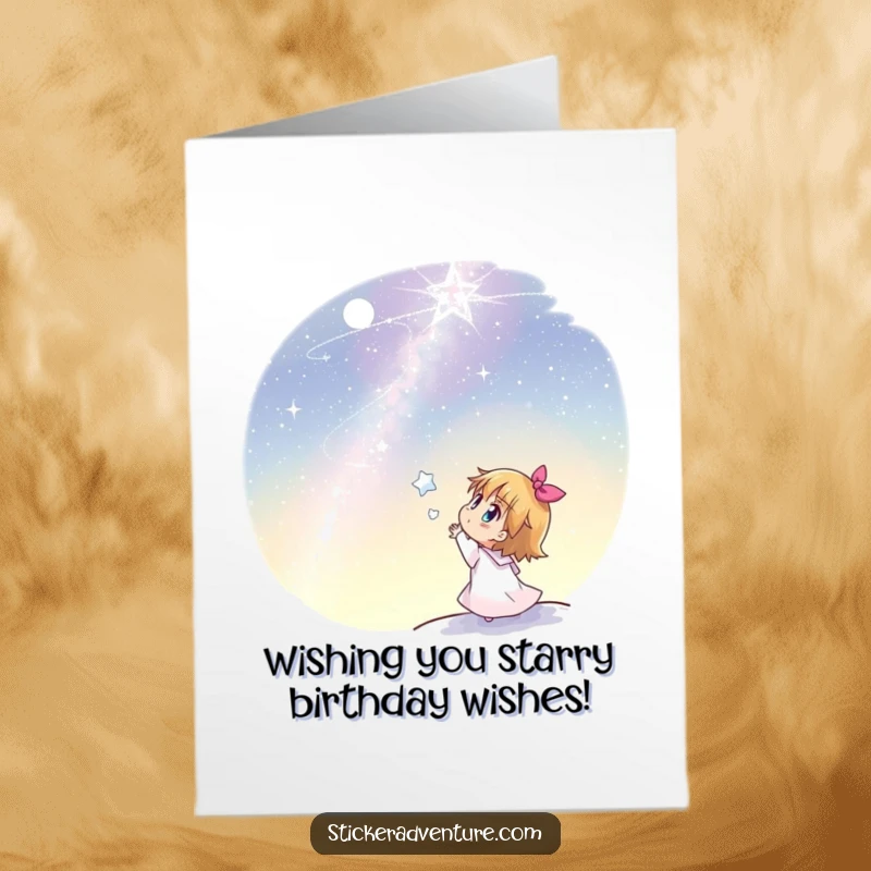 Funny Free Printable Birthday Card: Joyful character gazing in awe at a vast, starlit sky, a magical gift.