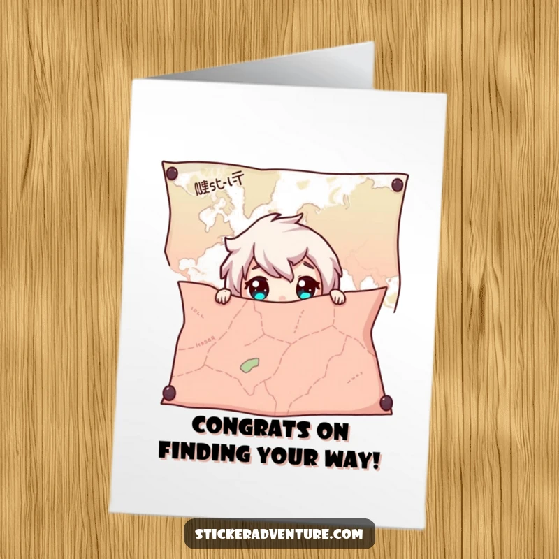 Free printable congratulations card: a character with wide eyes curiously peeking from behind a massive map.