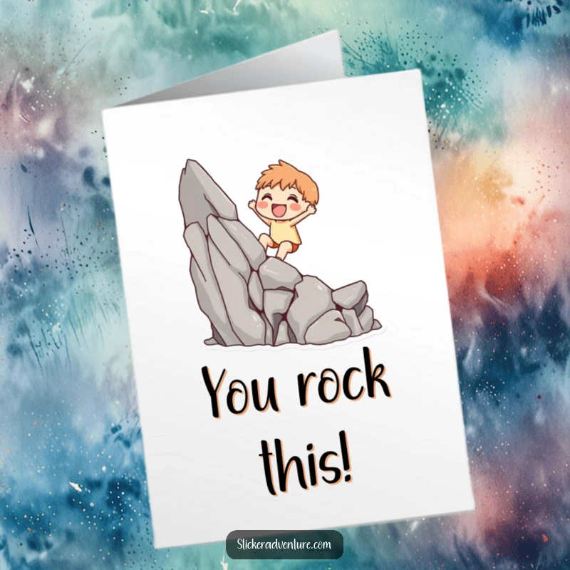 Funny Free Printable Congratulations Card featuring a determined character conquering a steep cliff face with joy.