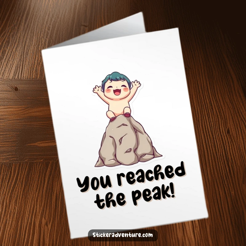 Funny Free Printable Congratulations Card: Cute character joyfully scales a rocky outcrop, beaming with pride and success.