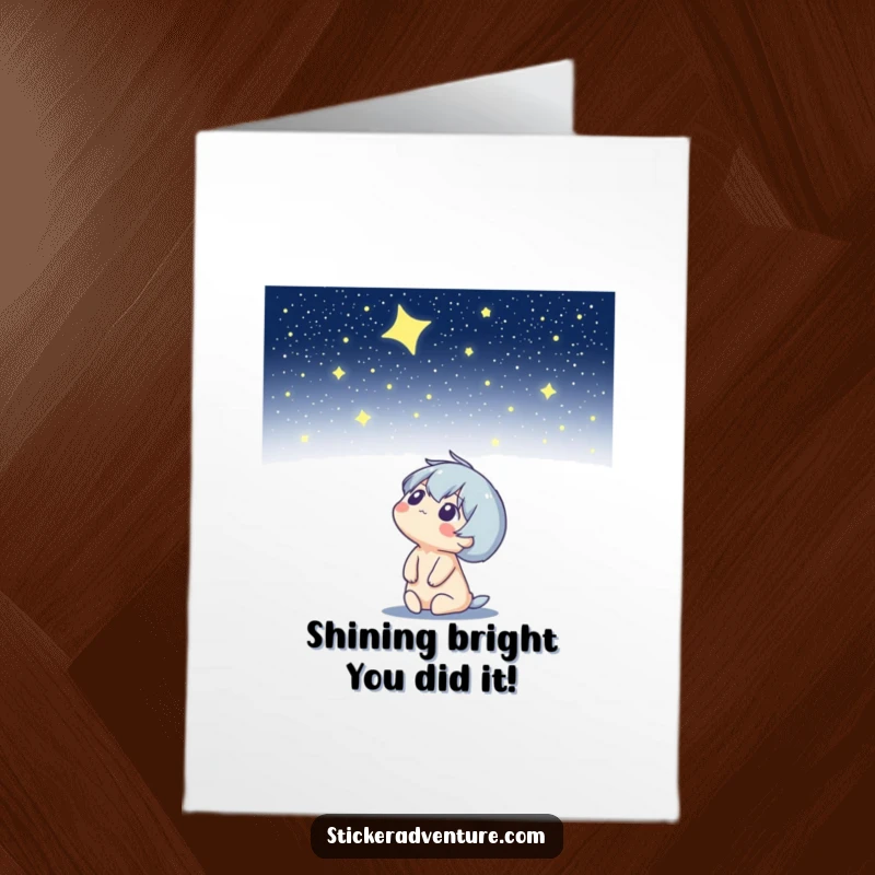 Funny Free Printable Congratulations Card showing a character looking at a starry night sky, celebrating a brilliant success.