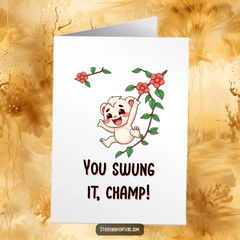 Funny Free Printable Congratulations Card: Joyful character triumphantly swinging from a vine, celebrating success with a laugh.