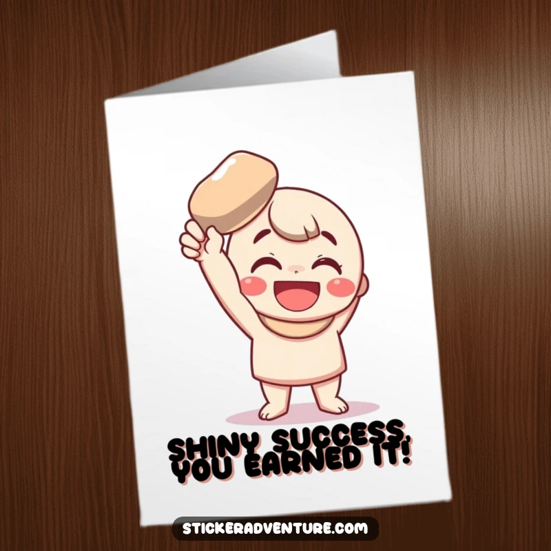 Funny Free Printable Congratulations Card: Character joyfully presents a tiny, shiny pebble, a symbol of success.