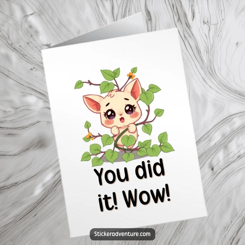 Funny Free Printable Congratulations Card: Surprised character hilariously stuck in a vine, great for any celebration.